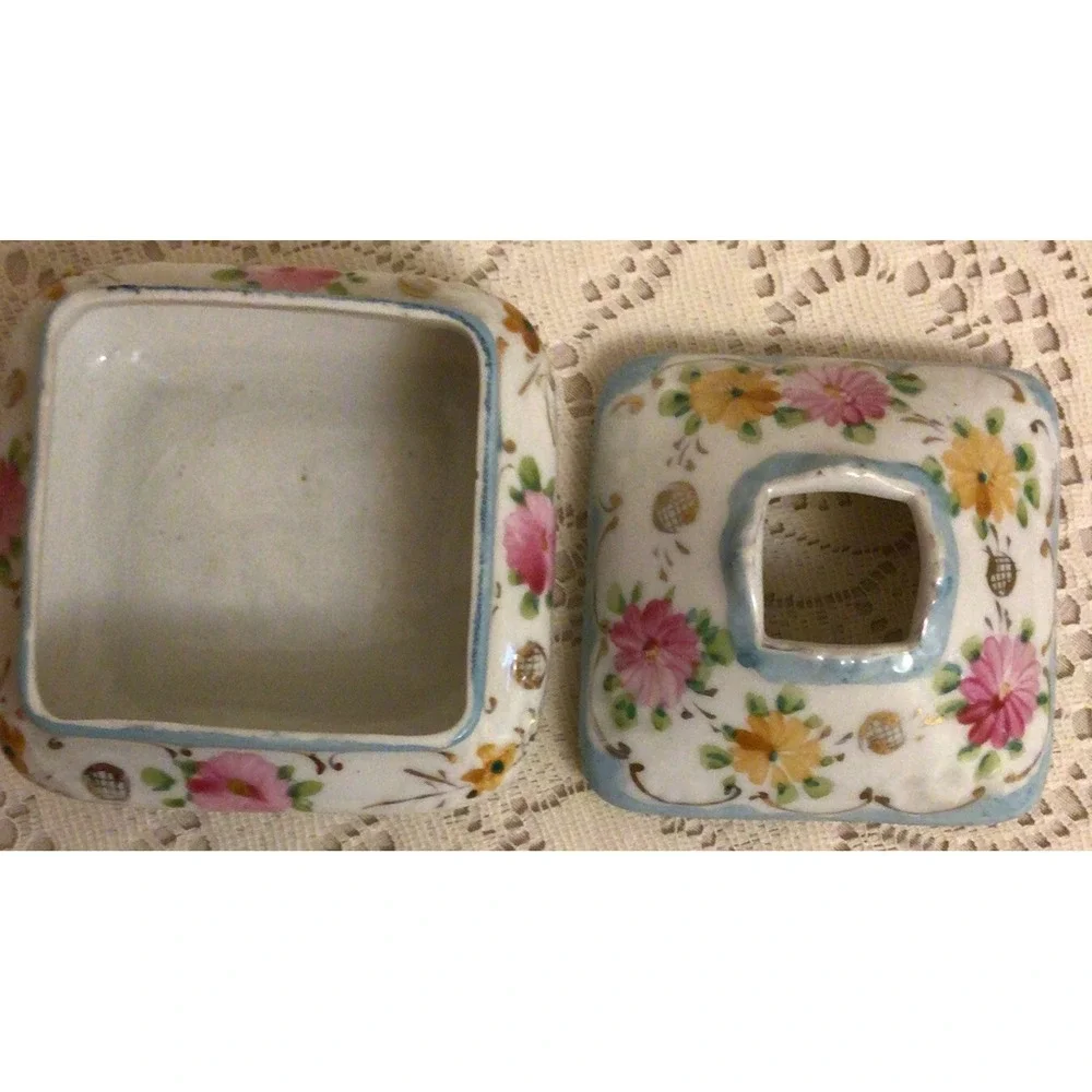 Vintage Hand-Painted Floral Porcelain Hair Receiver or TrinketBox